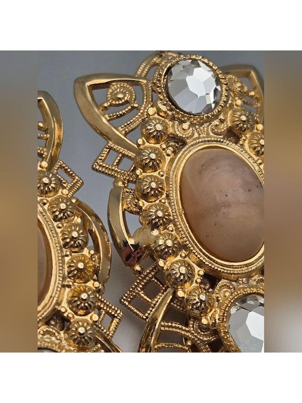 Vintage Gold-Tone Clip-On Earrings Faux Oval Pearls & Crystals - Picture 5 of 7